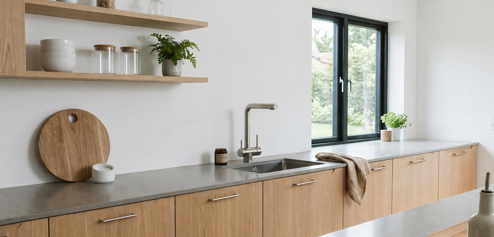 Moderne keukenmengkraan van roestvrij staal in een Scandinavische keuken