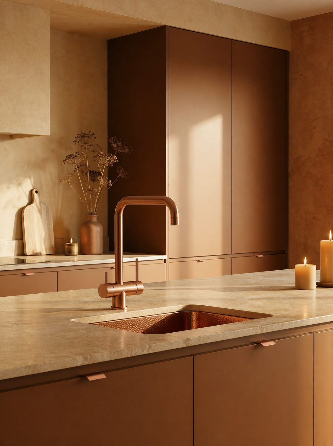 Keukenmengkraan in koper in een moderne keuken met warme tinten