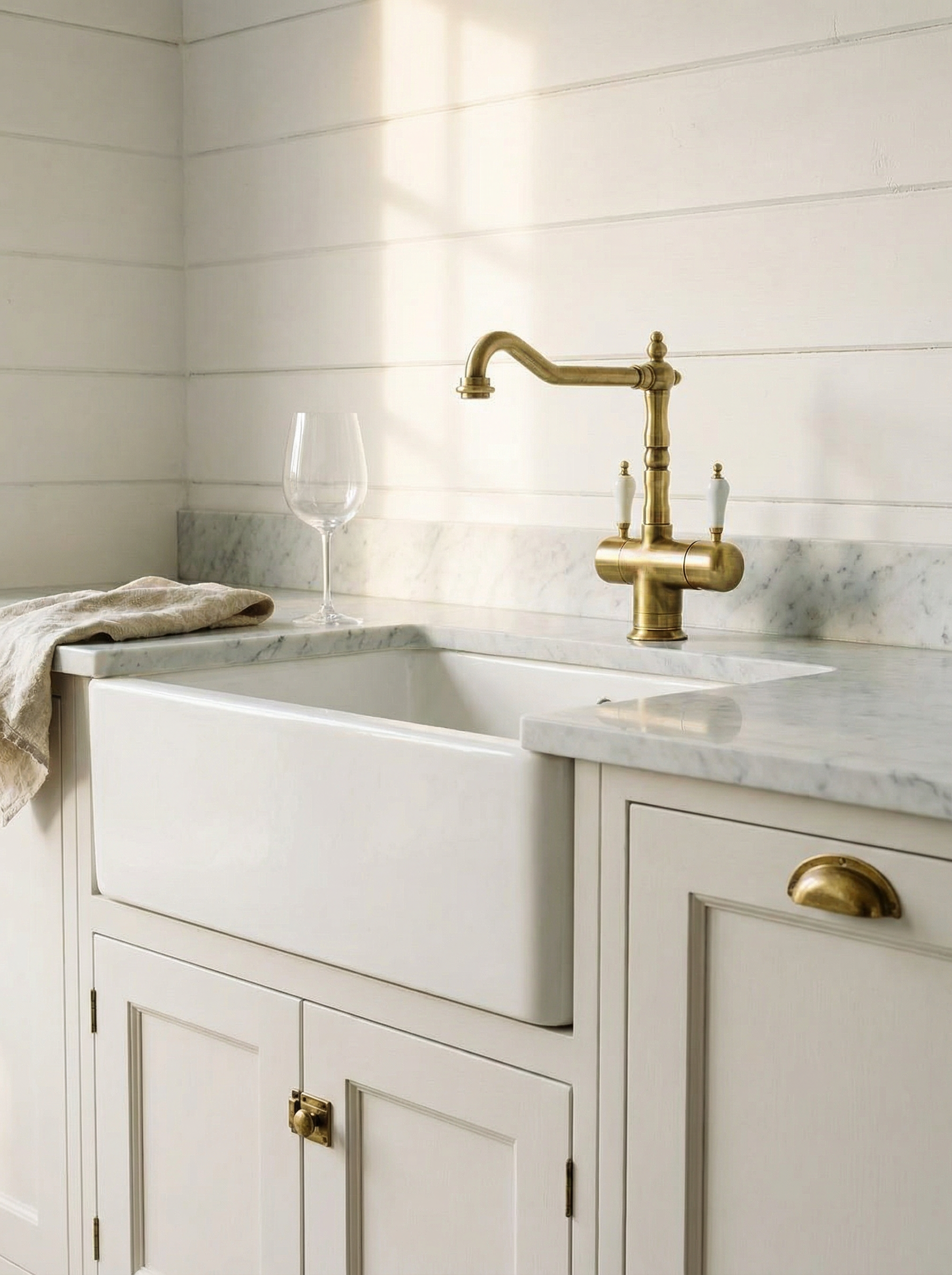 Keukenmengkraan in brons in een keuken in klassieke stijl