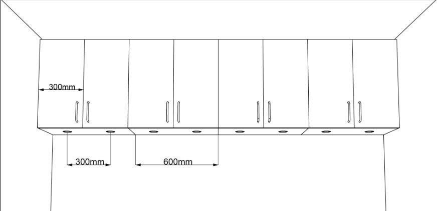 Afstanden tussen spotjes op keukendeuren van 300 mm breed