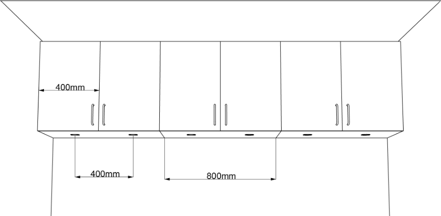 Afstanden tussen spotjes op keukendeuren van 400 mm breed