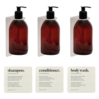 zeepdispenserset met bruine pompflacon, base-zeepdispenserhouder en labels in beige kleur