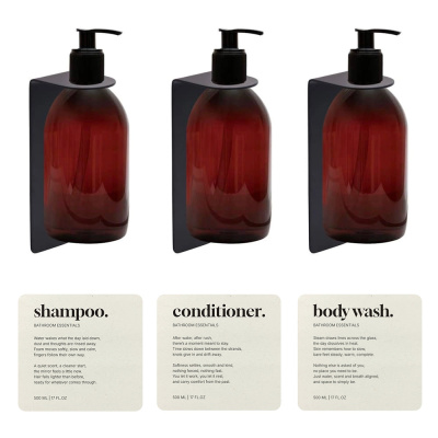 zeepdispenserset met bruine pompflacon, base-zeepdispenserhouder en labels in beige kleur